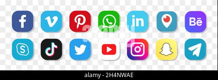 Popolare raccolta di logotipi di social media: Facebook, TikTok, instagram, twitter, youtube, linkedin, pinterest, periscope, vimeo. Foto Stock