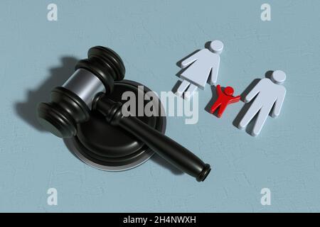 Legge libro e Gavel sul tavolo con famiglia figura legge concetto 3D rendering Foto Stock