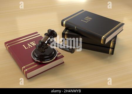 Law Book e Gavel sul rendering 3D da tavolo Foto Stock