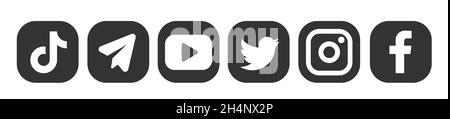 Round social media logo collection: Facebook, TikTok, instagram, twitter, youtube, telegramma, linkedin, snapchat, periscope, vimeo. Foto Stock
