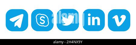 Round social media logo collection: Facebook, TikTok, instagram, twitter, telegramma, linkedin, periscopio, vimeo. Foto Stock
