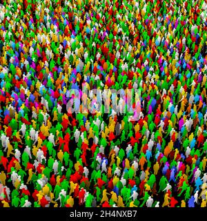 Folla gigante di sfondo persone - illustrazione 3D di enorme multicolore astratto trono pedonale Foto Stock