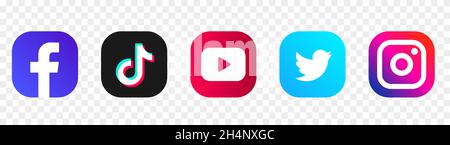 Popolare raccolta di logotipi di social media: Facebook, TikTok, instagram, twitter, youtube, linkedin, pinterest, periscope, vimeo. Foto Stock