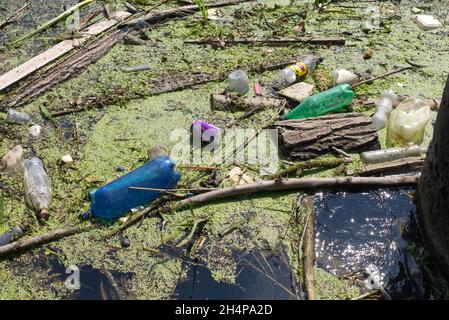 Orribile spazzatura galleggiante sul Tamigi. Fortunatamente, non è una vista comune in questi giorni. Nella mitigazione, questo eyesore si è sviluppato in una st stagnante, riparata Foto Stock