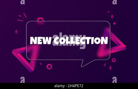 Nuova collezione. Banner fumetto vocale con nuovo testo della collezione. Stile glassmorfismo. Per il commercio, il marketing e la pubblicità. Vettore su backgr. Isolato Illustrazione Vettoriale