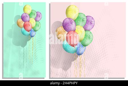 Garland di palloncini realistici per decorare occasioni speciali, compleanni su sfondo rettangolare e quadrato biglietto d'auguri. Vettore colore realistico Illustrazione Vettoriale