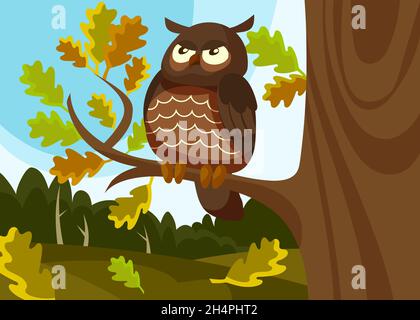 Banner con gufo seduto su albero. Illustrazione in stile cartone animato. Illustrazione Vettoriale