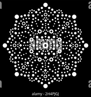 DOT ART vettoriale mandala australiana, tradizionale disegno aborigeno di pittura a punti, decorazione tradizionale dall'Australia in bianco su sfondo nero Illustrazione Vettoriale