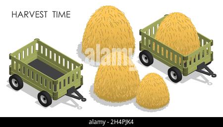 Fieno isometrico del trattore agricolo per la raccolta. Trasporto e attrezzature per il trasporto di prodotti agricoli in azienda. Vettore 3D cartoon realistico Illustrazione Vettoriale