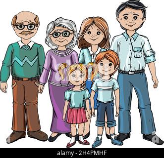 Famiglia insieme. Gruppo di persone in piedi. Ragazzino, adolescente, donna, uomo, vecchio, donna anziana, gatto, cane. Felice famiglia estesa. Felice Illustrazione Vettoriale