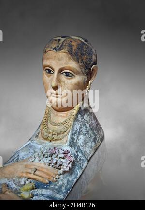 Funerario egiziano romano maschera pettorale femminile, 3° secolo d.C., vernice e foglia d'oro. Museo del Louvre E21360. Il pettorale raffigura una donna (bruta, ear Foto Stock