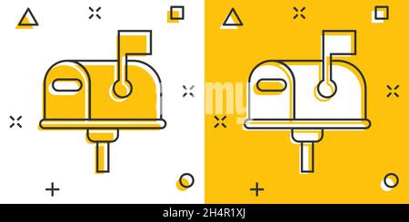 Icona della casella postale in stile fumetto. Illustrazione vettoriale cartoon Postbox su sfondo bianco isolato. Concetto di business di effetto splash della busta di posta elettronica. Illustrazione Vettoriale