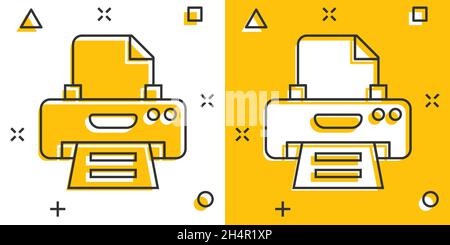 Icona della stampante per ufficio in stile fumetto. Immagine vettoriale cartoon fax su sfondo bianco isolato. Concetto aziendale di effetto splash per la stampa del testo. Illustrazione Vettoriale