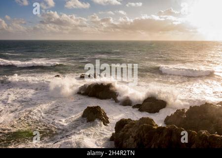 Le onde si infrangono lungo Bodega Bay nel nord della California al tramonto. Bodega Bay è un'area panoramica lungo l'autostrada 1 della California. Foto Stock