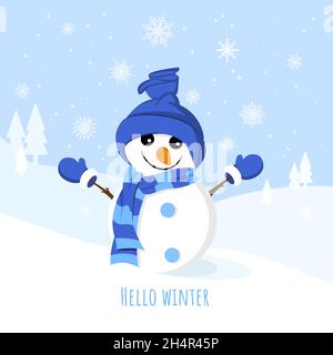 Biglietto di auguri di Natale con un carino pupazzo di neve sullo sfondo invernale con fiocchi di neve. Vettore Illustrazione Vettoriale