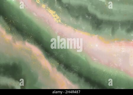 Sfondo acquerello in stile alcool. Illustrazione con inclusioni d'oro, linee a forma di marmo verde e rosa Foto Stock