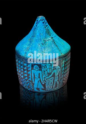 Antico vaso e coperchio in terracotta smaltata egiziana, 1686-1425 a.C., 18th dynasty.Louvre E3610. Decorazione: Un uomo in piedi che indossa un kilt, parrucca corta. Foto Stock