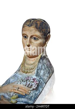 Funerario egiziano romano maschera pettorale femminile, 3° secolo d.C., vernice e foglia d'oro. Museo del Louvre E21360. Il pettorale raffigura una donna (bruta, ear Foto Stock