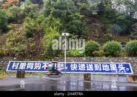 (211104) -- LEIYANG, 4 novembre 2021 (Xinhua) -- Hu Xia è sulla sua strada per consegnare i pacchetti nel villaggio di Shishi della città di Huangshi a Leiyang, provincia centrale di Hunan della Cina, 3 novembre 2021. HU Xia è una deliverywoman post-90 che fornisce il servizio di consegna per quattro villaggi nella città di Huangshi. Negli ultimi sette anni, il numero di ordini di consegna nelle aree rurali locali è aumentato da meno di 10 al giorno a più di 200. Oltre a consegnare i pacchetti, Hu aiuta anche gli abitanti del villaggio a vendere germogli di bambù, uova e altre specialità agricole attraverso il negozio online. La sua stazione di consegna è diventata una delle più l Foto Stock