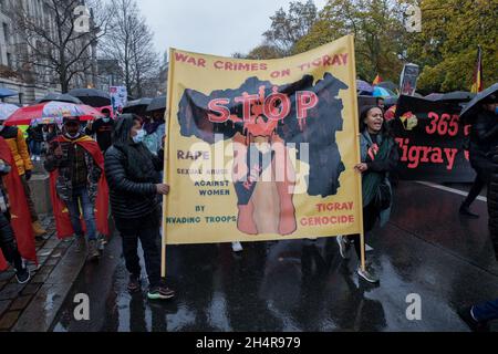 Berlino, Germania. 4 novembre 2021. I manifestanti hanno una bandiera a Berlino, in Germania, il 04 novembre 2021. (Foto di Michael Kuenne/PRESSCOV/Sipa USA) Credit: Sipa USA/Alamy Live News Foto Stock