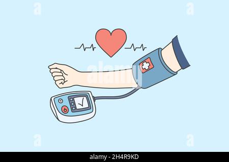 Misurazione della pressione sanguigna e concetto di assistenza sanitaria. Tonometro con mano umana che esamina il controllo della pressione sanguigna e l'illustrazione vettoriale del battito cardiaco Illustrazione Vettoriale