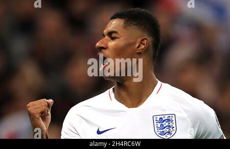 Foto di archivio datata 14-11-2019 di Marcus Rashford in Inghilterra. Marcus Rashford tornò per la prima volta nella squadra inglese da Euro 2020, ma i compagni di squadra del Manchester United Jadon Sancho e Jesse Lingard non se ne sono persi. Data di emissione: Giovedì 4 novembre 2021. Foto Stock