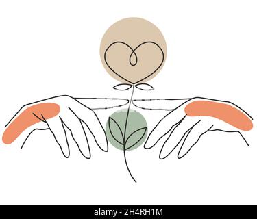 Due mani toccano le dita e un fiore nella forma di una linea cardiaca art. Contorno disegno delle mani umane, concetto. Raggiungi il cuore, amore. Vettore il Illustrazione Vettoriale