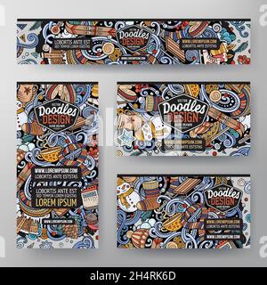 Set di fumetti vettoriali per l'identità aziendale invernale. Banner divertenti colorati, carte d'identità, flayer per l'uso su branding, inviti, carte Illustrazione Vettoriale