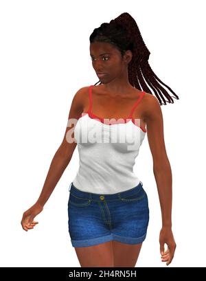 Giovane donna nera con rendering digitale in outfit estivo casual, illustrazione 3d. Foto Stock