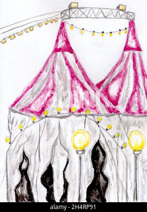 Disegno a mano cartoon tenda circus astratto acquerello illustrazione. Foto Stock