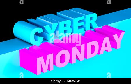 cyber monday blu e fucsia scrivere su sfondo nero.rendering 3d Foto Stock
