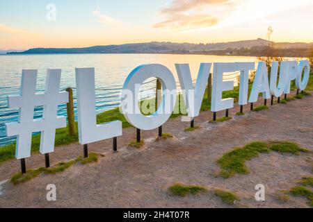 #LOVETAUPO segno in Taupo, Nuova Zelanda Foto Stock