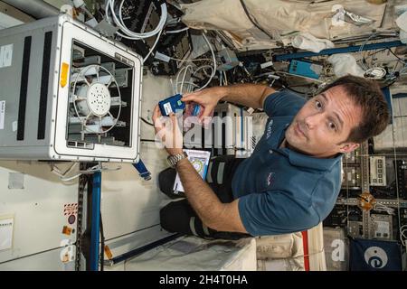 Expedition 65 l'ingegnere di volo Thomas Pesquet dell'ESA (Agenzia spaziale europea) installa il Molecular Muscle Experiment-2 (MME-2) all'interno del modulo di laboratorio Columbus. MME-2 testa una serie di farmaci per vedere se possono migliorare la salute nello spazio, che potrebbe portare a nuovi obiettivi terapeutici per l'esame sulla Terra il 5 giugno 2021. Credito: NASA via CNP Foto Stock