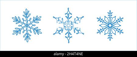 Fiocchi di neve insieme di icone, segni, simboli. Una linea continua di disegno artistico di fiocco di neve. Illustrazioni vettoriali a linea singola Illustrazione Vettoriale