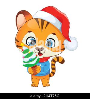 Buon Natale. Piccola tigre carina. Personaggio cartoon della tigre del bambino. Illustrazione del vettore di scorta su sfondo bianco. Illustrazione Vettoriale