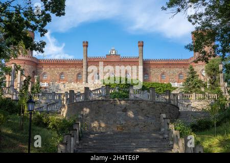 Kamieniec Zabkowicki, Polonia - 4 luglio 2021: Vista frontale e scale d'ingresso del Palazzo Kamieniec Zabkowicki. Cielo blu, giorno d'estate. Foto Stock