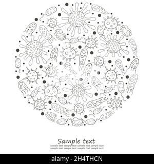 Elementi di disegno di colorazione, testo. Set di microbi cartoon in stile disegno a mano. Coronavirus, batteri, microrganismi Illustrazione Vettoriale