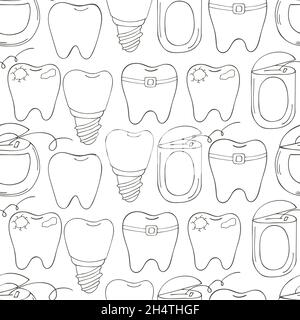 Colorazione del motivo senza giunture. Denti cartoni animati in stile disegno a mano. Sfondo per imballaggio, pubblicità. Denti sani, carie, bretelle, filo interdentale Illustrazione Vettoriale