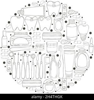 Illustrazioni vettoriali di colorazione rotonde. Set di elementi per la cura della cavità orale in stile disegno manuale. Pulizia dei denti, salute dentale, strum dentale Illustrazione Vettoriale