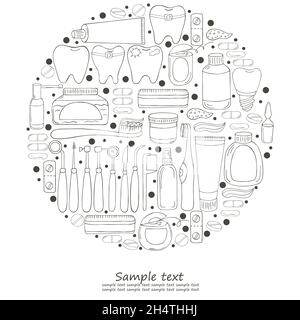 Illustrazioni vettoriali a colori rotonde, testo. Set di elementi per la cura della cavità orale in stile disegno manuale. Pulizia denti, salute dentale, dentale i Illustrazione Vettoriale