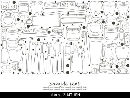 Banner da colorare rettangolare, testo. Set di elementi per la cura della cavità orale in stile disegno manuale. Pulizia denti, salute dentale, strumenti dentale Illustrazione Vettoriale