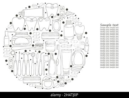 Illustrazioni vettoriali a colori rotonde, testo. Set di elementi per la cura della cavità orale in stile disegno manuale. Pulizia denti, strumenti dentali Illustrazione Vettoriale