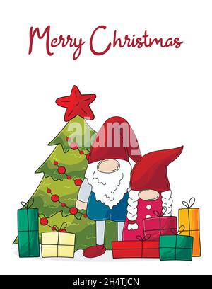 Biglietto di Natale in stile disegnato a mano. Due gnomes in cappelli di Babbo Natale, albero di Natale, regali. Carino Illustrazione Vettoriale