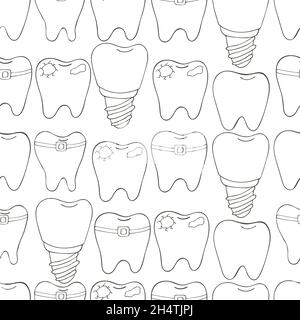 Colorazione del motivo senza giunture. Denti cartoni animati in stile disegno a mano. Sfondo per imballaggio, pubblicità. Denti sani, carie, bretelle, protesi Illustrazione Vettoriale