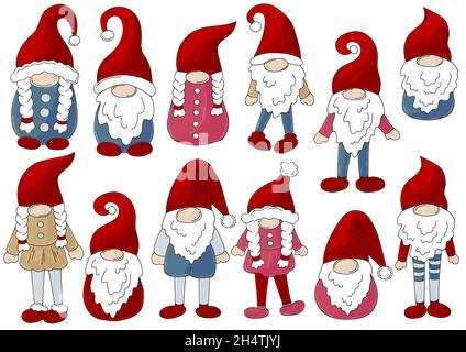 Pacchetto vettore Gnomes. Grande collezione di gnomi su cappelli Babbo Natale in stile disegnato a mano. Set di illustrazioni vettoriali per il progetto. Cartello, adesivo Illustrazione Vettoriale