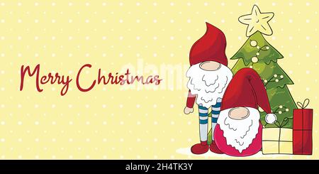 Banner giallo di Natale in stile disegnato a mano. Due gnomes in cappelli di Babbo Natale, albero di Natale, regali. Carino scheda vacanza, volantino Illustrazione Vettoriale