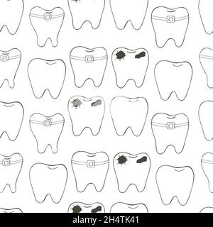 Colorazione del motivo senza giunture. Denti cartoni animati in stile disegno a mano. Sfondo per imballaggio, pubblicità. Denti sani, carie, bretelle Illustrazione Vettoriale
