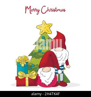Due gnomes in cappelli di Babbo Natale, albero di Natale, regali. Biglietto di Natale in stile disegnato a mano. Carino carta per le vacanze Illustrazione Vettoriale