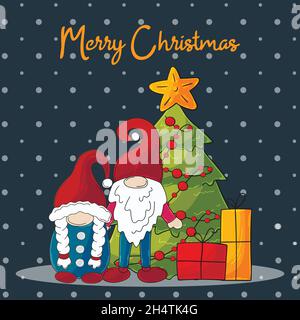 Due gnomes in cappelli di Babbo Natale, albero di Natale, regali. Biglietto di Natale in stile disegnato a mano. Carino scheda vacanza, volantino, banner, invito Illustrazione Vettoriale