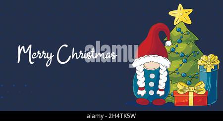Banner di Natale in stile disegnato a mano. Due gnomes in cappelli di Babbo Natale, albero di Natale, regali. Carino scheda vacanza, volantino, banner, invito Illustrazione Vettoriale